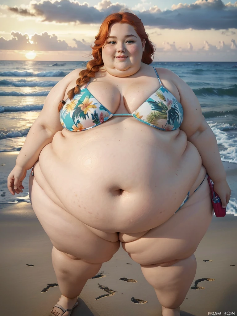 A beautiful tropical oasis beach photo of a young happy cute beautiful redhead pear-bodyshaped ssbbw with long single-braided hair plump belly, very wide fat obese hips, very obese legs, thick fat wide legs and fat arms, cute pretty face, small breasts, blue eyes, freckles, in a bikini, holding a huge Ice Cream, on a beautiful beach full of palm trees at sunset