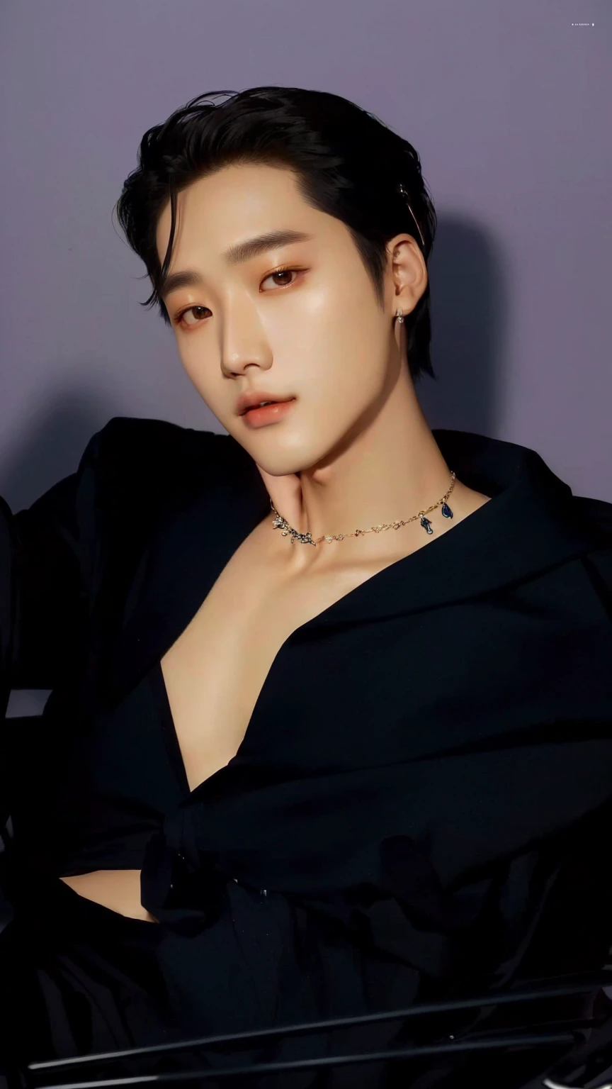 a closeup of a person sitting in a chair wearing a necklace, cai xukun, jia, hyung tae, mark lee, delicate androgynous prince, jin kim, hong june hyung, hsiao-ron, Yanjun Chengt, beautiful androgynous prince, kim taejin, jinyoung shin, Shiny from the rain, hyung tae kim