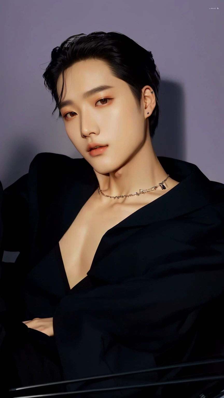 a closeup of a person sitting in a chair wearing a necklace, cai xukun, jia, hyung tae, mark lee, delicate androgynous prince, jin kim, hong june hyung, hsiao-ron, Yanjun Chengt, beautiful androgynous prince, kim taejin, jinyoung shin, Shiny from the rain, hyung tae kim