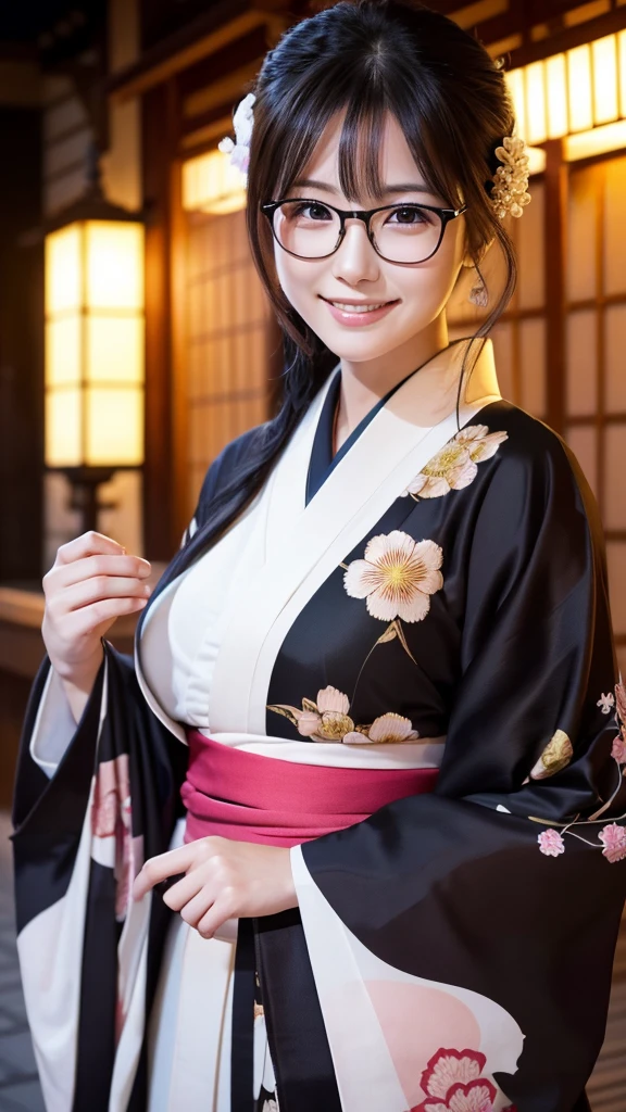 (Super beautiful woman in kimono)、((highest quality、8K masterpiece:1.3))、sharp focus:1.2、(super beautiful face:1.0)、(shiny skin:1.0)、realistic pictures、black hair、video lighting、High resolution eyes and face、video lighting、japanese actress、from the front、big breasts、with a happy smile、Slender abs beauty、whole body、wearing a kimono、in Kyoto、(((luxury obi)))、In Kyoto at night、wearing glasses with no edge、with a fan