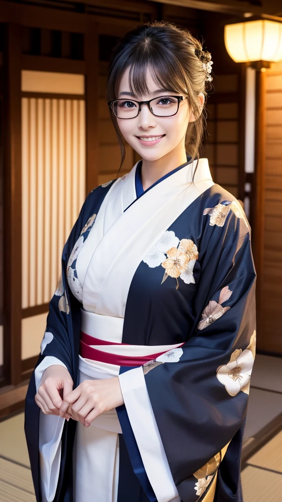 (Super beautiful woman in kimono)、((highest quality、8K masterpiece:1.3))、sharp focus:1.2、(super beautiful face:1.0)、(shiny skin:1.0)、realistic pictures、black hair、video lighting、High resolution eyes and face、video lighting、japanese actress、from the front、big breasts、with a happy smile、Slender abs beauty、whole body、wearing a kimono、in Kyoto、(((luxury obi)))、In Kyoto at night、wearing glasses with no edge、with a fan