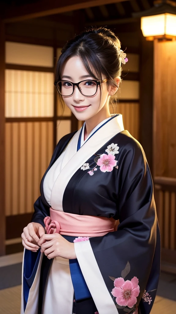 (Super beautiful woman in kimono)、((highest quality、8K masterpiece:1.3))、sharp focus:1.2、(super beautiful face:1.0)、(shiny skin:1.0)、realistic pictures、black hair、video lighting、High resolution eyes and face、video lighting、japanese actress、from the front、big breasts、with a happy smile、Slender abs beauty、whole body、wearing a kimono、in Kyoto、(((luxury obi)))、In Kyoto at night、wearing glasses with no edge、with a fan