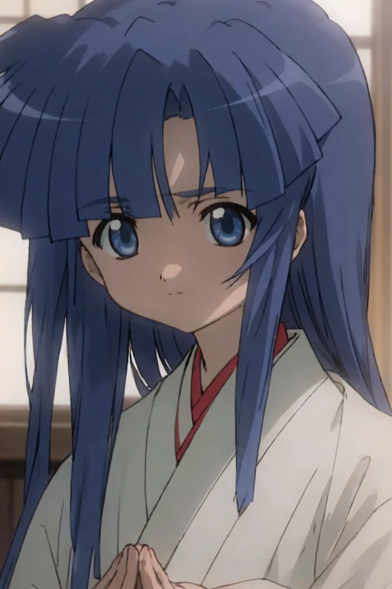 One girl,Furude Rika,White view,(masterpiece、Highest quality),Deep blue hair,Eyes closed,pray,bangs,White kimono,Red Hakama