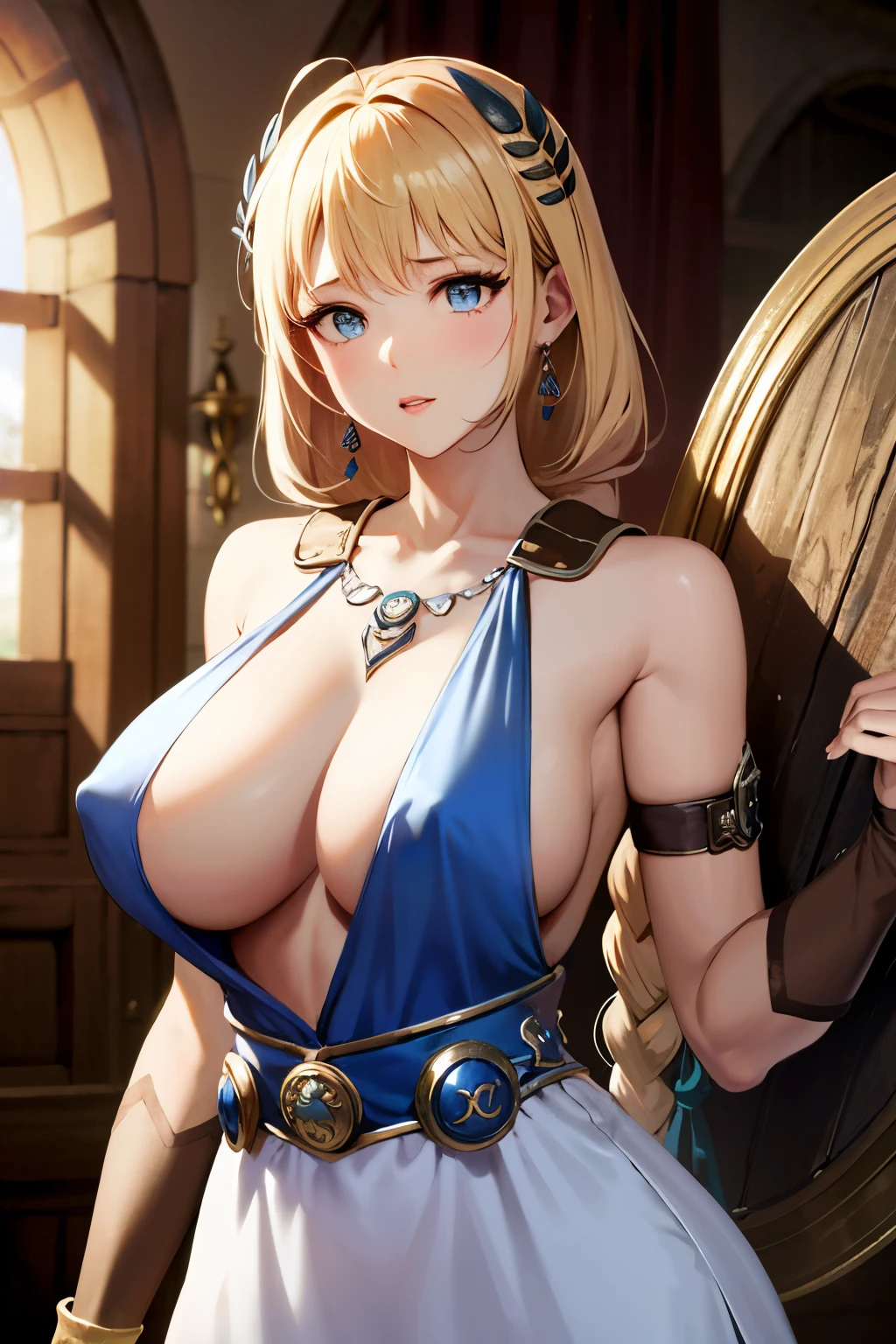 (masterpiece, Very detailed,8K, high quality, Best image quality)、Sophitia_whitedress_iwife、blonde、Beautiful breasts、Big Breasts、Long Hair、Braiding、blue eyes、jewelry、arms、Cleavage、sword、armor、shield、Earrings、片Braiding、dress、belt、See-through、Nipple concealment、アーマードdress、hair ornaments、白dress、arms保持、very Long Hair、lips、Bare shoulders、bangs、gloves、Hair Ribbon、necklace、skirt、clavicle、wing、Revealing clothing、Bangles、肘gloves、Greek clothing、Braidingポニーテール