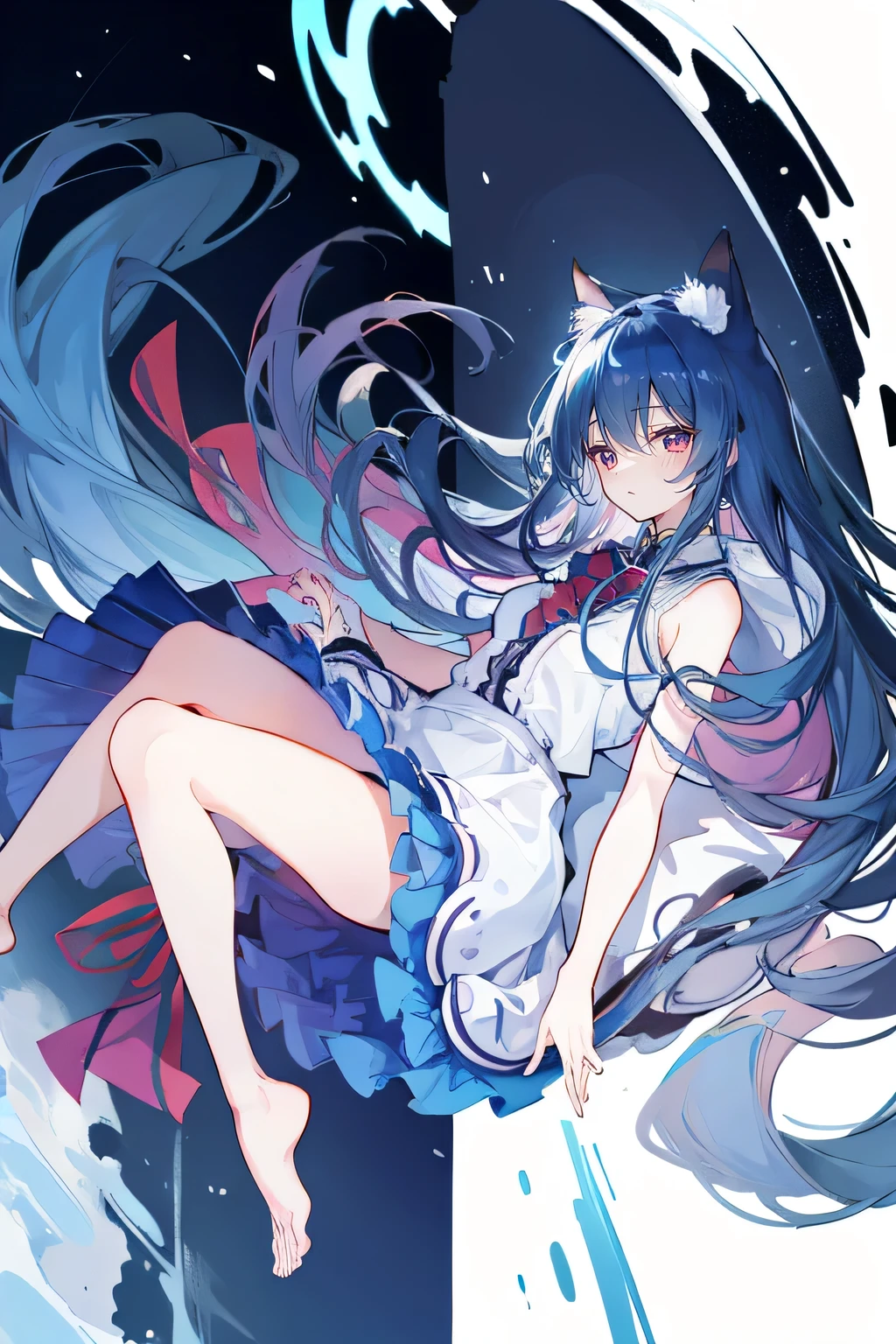 （masterpiece：1.2），Super detailed，lifelike，Expressive eyes，fair skin，perfect face shape，1 girl，
Japanese comics,Gorgeous blue hair,flowing blue hair,flowing clothes,Cat ears,Petals fall,beautiful lola,Baby Angel,
Shaking head with one hand，Cross your legs，Gentle and peaceful background，The pavilion is cool and comfortable,smile, wearing hoodie, background of tokyo,back views,snowing, winter,lie on the water，Lying on the ground。Dark blue gradient hair,asymmetrical hair,（（Hair is very thick 1.8，Chiseled hair 1.6））， Hair over the shoulders, Messy hair, Very long hair, shiny hair，(long dark blue hair:1.2),A beautiful girl，（Transparent clothes transparent 1.8），Perfect body，Big thin legs，slender，(Looks very sad，Looks haggard ，sadness，shut your mouth：1.2） Against the backdrop of an unusually bright dark starry sky，（Put your hands behind your back），（round,Room, Strong breasts），barefoot，float，water surface，（long legs，long legs，long legs，Complete）