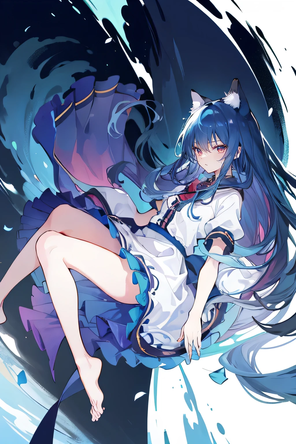 (masterpiece:1.2),Super detailed,lifelike,Expressive eyes,fair skin,perfect face shape,1 girl,
Japanese comics,Gorgeous blue hair,flowing blue hair,flowing clothes,Cat ears,Petals fall,beautiful lola,Baby Angel,
Shaking head with one hand,Cross your legs,Gentle and peaceful background,The pavilion is cool and comfortable,smile, wearing hoodie, background of tokyo,back views,snowing, winter,lie on the water,Lying on the ground。Dark blue gradient hair,asymmetrical hair,((Hair is very thick 1.8,Chiseled hair 1.6)), Hair over the shoulders, Messy hair, Very long hair, shiny hair,(long dark blue hair:1.2),A beautiful girl,(Transparent clothes transparent 1.8),Perfect body,Big thin legs,slender,(Looks very sad,Looks haggard ,sadness,shut your mouth:1.2) Against the backdrop of an unusually bright dark starry sky,(Put your hands behind your back),(round,Room, Strong breasts),barefoot,float,water surface,(long legs,long legs,long legs,Complete)