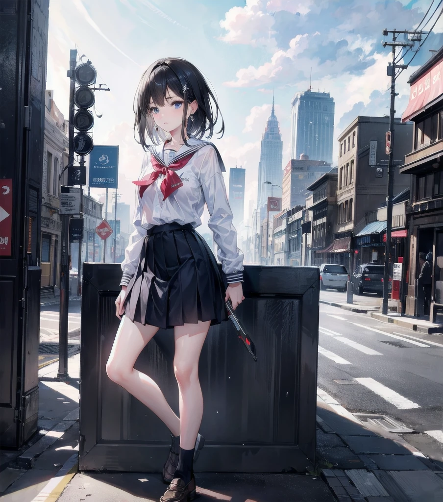 absurdres, RAW photo, extremely delicate and beautiful, masterpiece, Best Quality, ultra high resolution, 32k, hyperrealistic, ultra-detailed, in her 20s, delicate facial features, tearful mole, earring, medium breasts, full body shot, shorter middle hair, black hair, ((school uniform)), Sky, Clouds, holding_weapon, Robots, Architecture, Science Fiction, Cities,