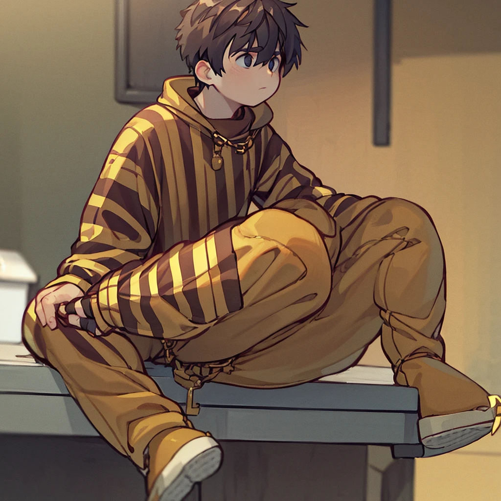 Person wearing a brown sweatshirt with gold stripes and brown pants with stripes and gold chain boots