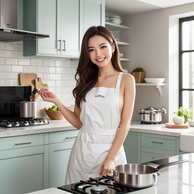 (Tabletop、Highest quality、8K、Award-winning works、Ultra-high resolution)、One beautiful woman、(Wearing the most natural and perfect apron:1.1)、(Naked Apron:1.2)、(Look at me with your best smile:1.1)、(Show off your beautiful teeth and get the best smile possible:1.1)、Large Breasts、The chest is slightly open、perfect beautiful teeth、Accentuate your body lines、(Bust up photo:1.1)、(Upper body photo:1.2)、Big Breasts、(The most natural and practical kitchen:1.1)、(Perfectly organized and clean kitchen:1.1)、(Modern and elegant kitchen:1.1)、(Perfect kitchen with state-of-the-art induction cooktop:1.1)、(Beautiful and unified modern kitchen:1.1)、(Very bright:1.2)、(Super bright and radiant skin:1.1)、that'Very vivid、The most vivid、High chroma、Glowing Beautiful Skin、Fresh and beautiful, perfect windows、Ultra-high resolutionのperfect beautiful teeth、(Ultra HD glossy skin:1.1)、(Very brightly lit、明るい and glowing skin:1.2)、Ultra-high definition sparkling eyes、(Accurate anatomy:1.1)、(The most graceful and perfect posture:1.1)