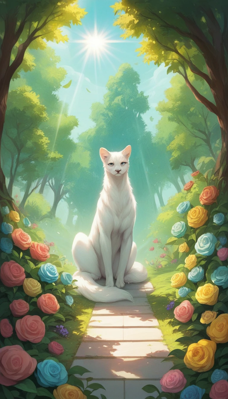 clear blue sky stretches filled with white soft fluffy clouds reflecting the warm hues of sun above the garden with a vibrant green pasture, The scene is peaceful, colorful flowers,The sun’s rays filter through the dense canopy of trees, casting a warm
nature hot, summer day, photorealistic, High quality image, 8K, high detail, perfect precision, perfect composition, Elegant and charming, Realistic style, Warm colors, Soft shadows, sharp details , HD quality , higher lighting style