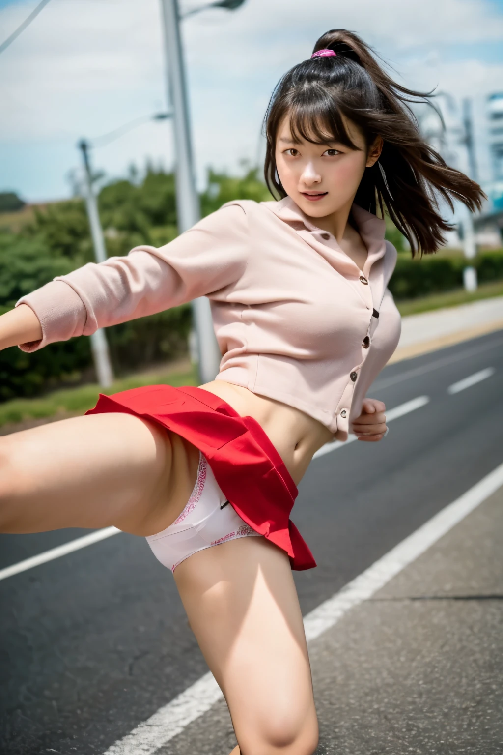 (18yo, young, cute:1.3), (japanese teen 1girl idol:1.2), ultra highres, real skin, Hyperrealism, glistening skin, professional photograph, (absurdres:1.4), 8K, (RAW photo:1.2), (extremely detailed clothing), (extremely detailed legs), best quality, ultra detailed, absolutely resolution, (face is shiny:0.8), (shiny skin:0.8), best hands, nice hands, perfect hands, BREAK、girl, bionde, pink shirt, open jacket, red skirt, (high kick forward), (High Kick、Lift your legs high to see your white panties、The crotch of the panties is visible、White socks), Anger, shaky hair, pumps, front, road,(黒服の戦闘員にHigh Kickするミニスカートの女性、Muscular men in black attracting women:1.4)