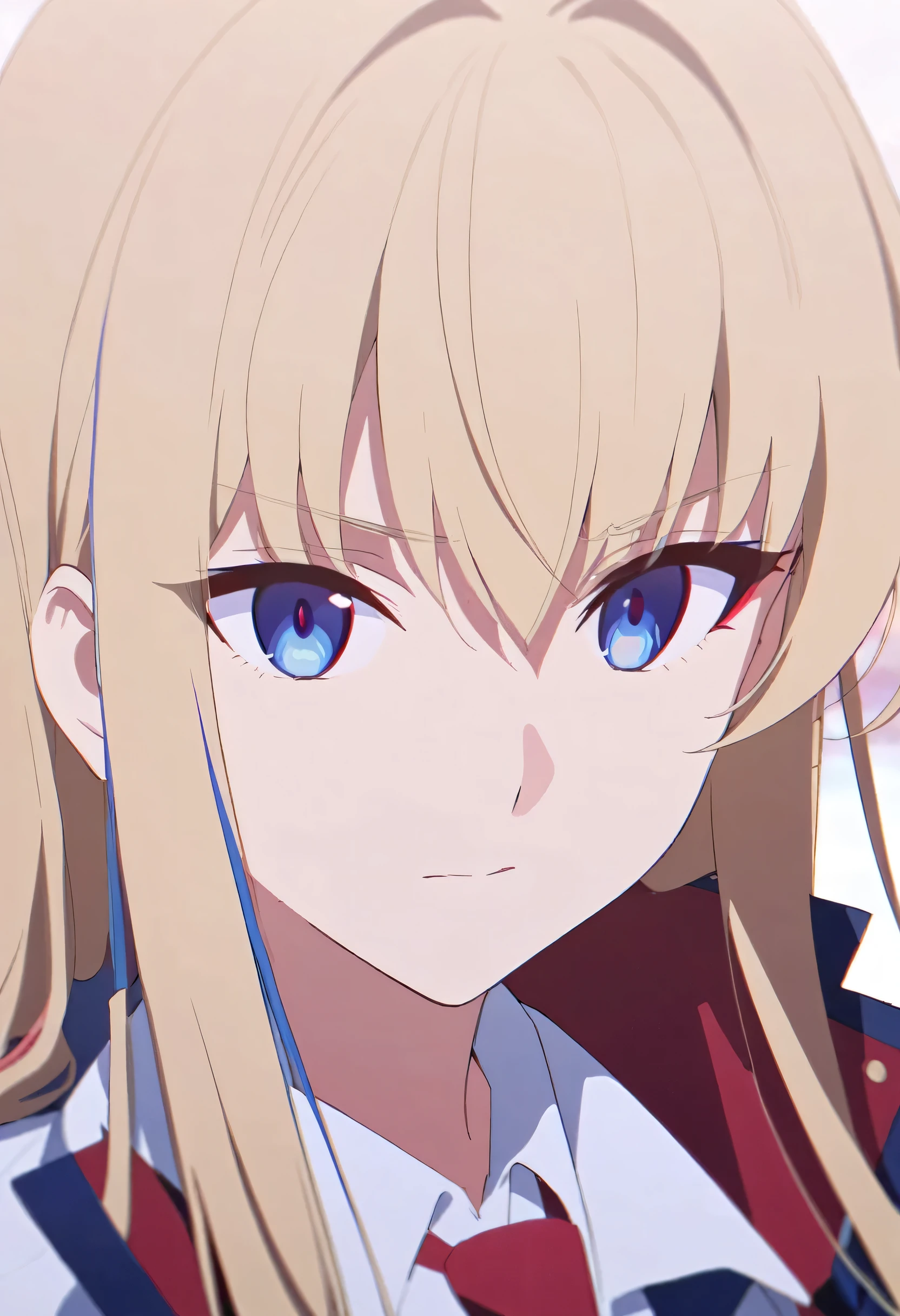 girl, anime, long hair with red and blue lines, pretty eyes, Blonde