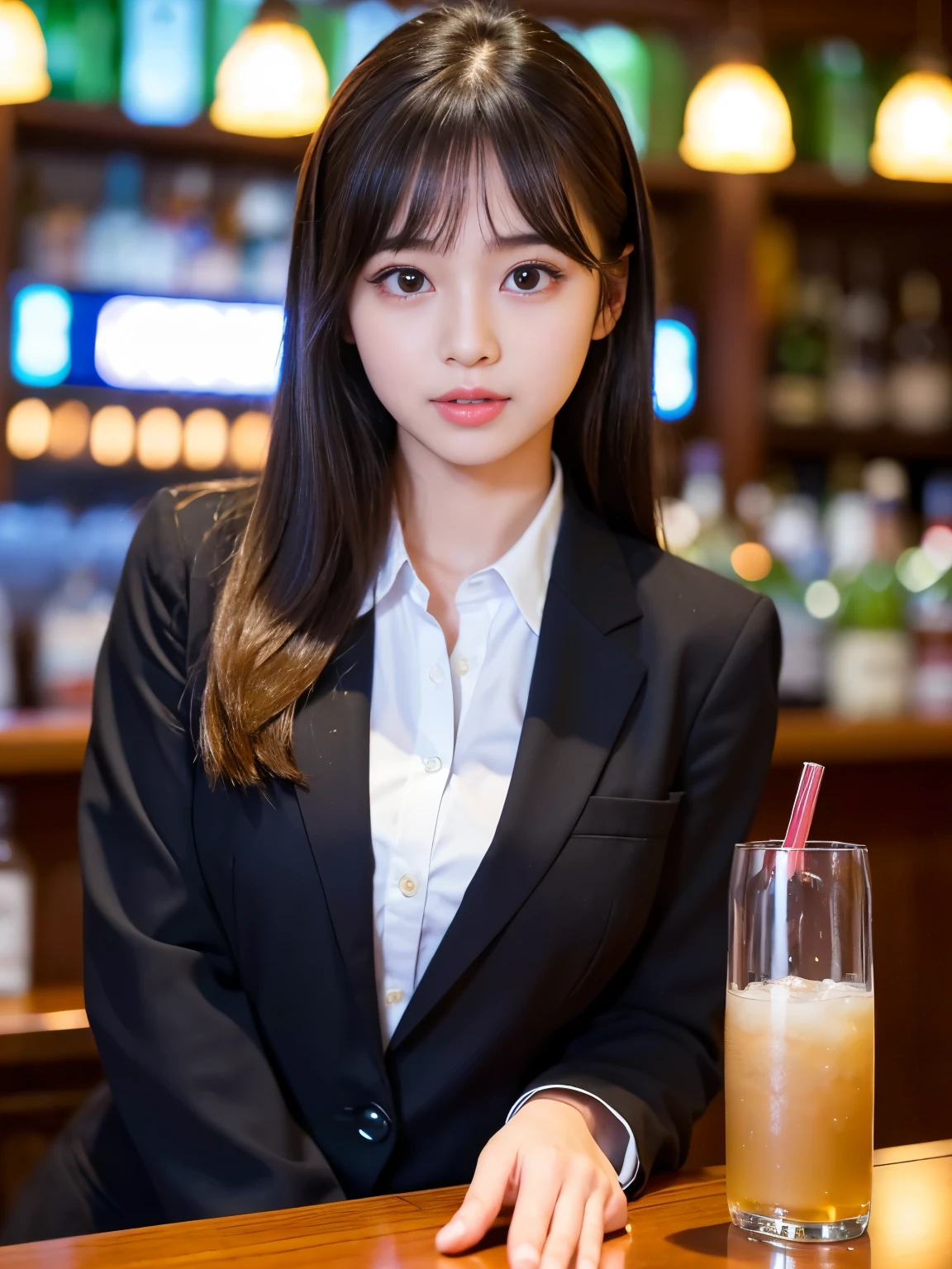 (Best-quality, Masterpiece, Ultra-High-Resolution, (Photorealistic:1.4), Raw Photo, depth of field, professional lighting, perfect anatomy, extremely details), 1girl, -yeld, thost famous Japanese idol, ((extremely cute face like the most popular Japanese idol, ((extremely cute and extremely big eyes)), extremely beautiful hair, extremely beautiful skins), extremely cute long-eyelashes, extremely cute lips), (((completely drunk))), 
(relaxing in authentic-bar), 
((wearing black-formal-business-suit))