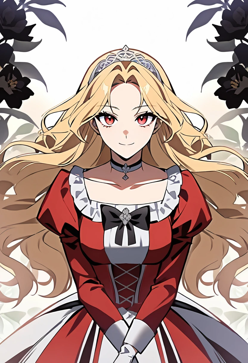 ((fantasy-style)), masterpiece, newest, floral background, romance manhwa, 1girl, blonde hair, solo, long hair, flower, dress, tiara, white dress, gloves, long sleeves, choker, red eyes, white gloves, black bow, black flower, wavy hair, bow, jewelry, looking at viewer, white background, collarbone, puffy sleeves, silver accessories, upper body, parted bangs, very long hair, red dress, frills, bangs, closed mouth, smile, cowboy shot, dynamic pose, dynamic angle, dynamic cut