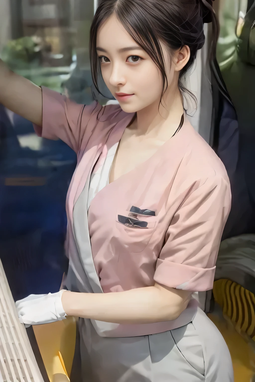 (masterpiece:1.2, Highest quality:1.2), 32k HDR, High resolution, (alone、1 girl)、 (Height: 160cm)、(On the rooftop of a building in the daytime、Professional Lighting)、Building rooftop background、(Nankai train crew uniform pinkを着たリアルスタイル)、(Nankai train crew uniform pink short sleeve collarless pink jacket、Nankai Train Crew Uniform Pink Collarless Short Sleeve Blouse、Nankai Train Crew Uniform Pink Grey Knee-length Culottes)、(The pink jacket is showing from the culottes.)、Dark brown hair、(Hair tied up、Hair tied up、Evening curly hairstyle)、Dark brown hair、Long Shot、Big Breasts、Thin legs、((Great hands:2.0)),((Harmonious body proportions:1.5)),((Normal limbs:2.0)),((Normal finger:2.0)),((Delicate eyes:2.0)),((Normal eyes:2.0)))、smile、(Nankai Train Crew Uniform Pink Grey Knee-length Culottesを見せた美しい歩く姿)、Place your hands around your stomach