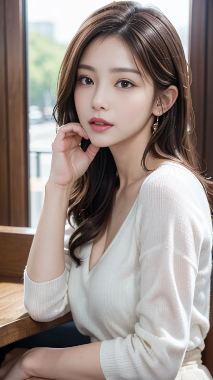 masterpiece, Highest quality, Realistic, Very detailed, Finer details, High resolution, 8k wallpaper, One beautiful woman,Wear a nice blouse, On the terrace of a lovely cafe, at noon, Light brown messy hair, Perfect dynamic composition, Beautiful and beautiful eyes、Big earrings、Sleeveless shirt、Hair blowing in the wind、