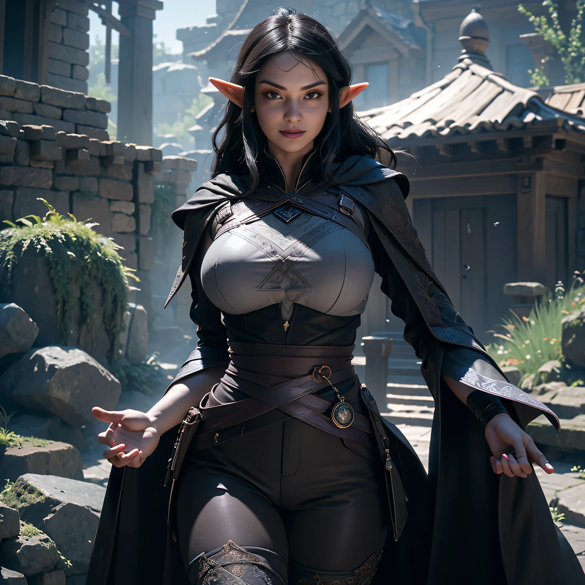 ((Best quality)), ((masterpiece)), (detailed: 1.4), 3D, (half-elf sorceress), (black hair, purple eyes:1.5, pale brown skin), (black robe, purple sleeves, grey pants, black boots and black armbands), (huge tits, big booty, short, curvy), (heavy gothic makeup), HDR (High Dynamic Range),Ray Tracing,NVIDIA RTX,Super-Resolution,Unreal 5,Subsurface dispersion, PBR texture, Post-processing, Anisotropic filtering, Depth of field, Maximum clarity and sharpness, Multilayer textures, Albedo and specular maps, Surface shading, Accurate simulation of light-material interaction, Perfect proportions, Octane Render, Two-tone lighting,Wide aperture,Low ISO,White balance,Rule of thirds,8K RAW,