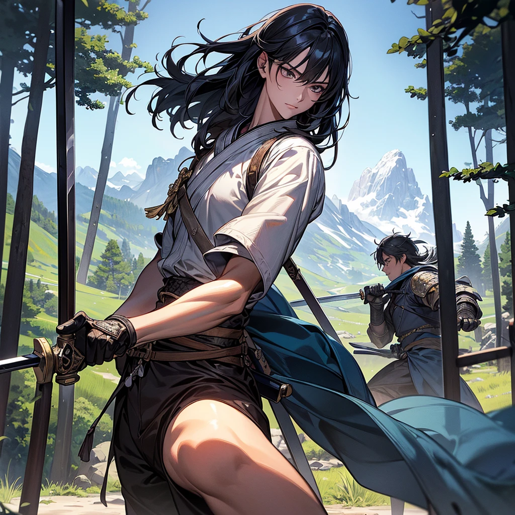 masterpiece, Very detailed, Ultra-realistic, Detailed Background, Bright lighting, lighting,, (A swordsman fighting bandits in a square surrounded by forest), (Mountain hut), (Wide-angle),