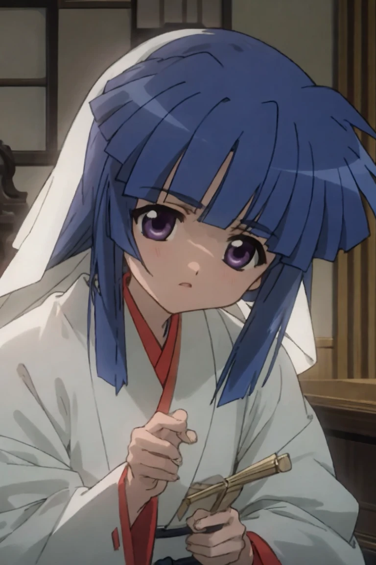 One girl,Furude Rika,White view,(masterpiece、Highest quality),Deep blue hair,,Purple Eyes,bangs,White kimono,Red Hakama