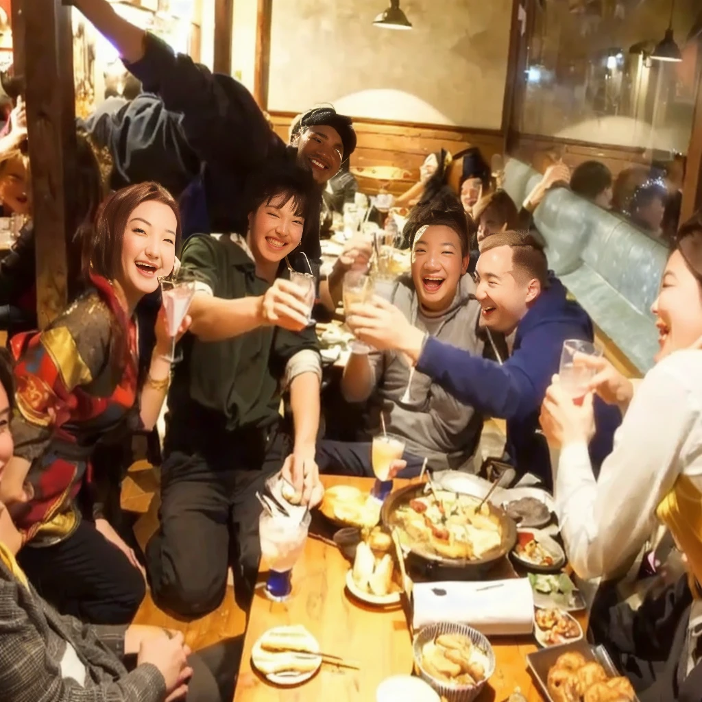 people sitting around a table with drinks and food in a restaurant, everyone having fun, happy!!!, masterpiece!!, grand!, blog-photo, celebration, dynamic!!, anime  of friend of wisdom, vivid!!, ❤🔥🍄🌪, photo taken in 2 0 2 0, masterpiece!, having a great time, wining, night!, group photo, group