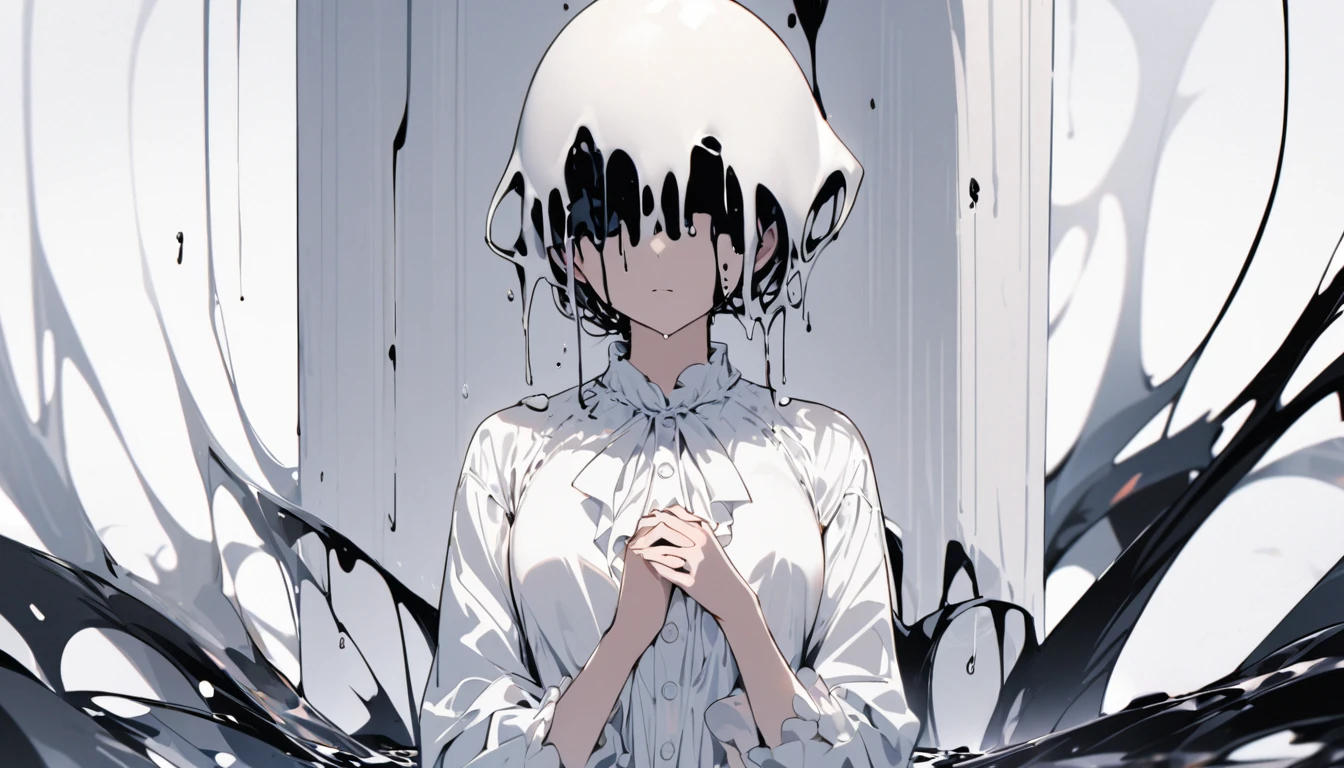 A woman with a liquid upper body、 My head is melting, Liquid Head, alone,stop temporarily, whole body, blouse,Pure white room、Place your hands on your chest、Hold the mobile、There&#39;s a knife stuck in my chest、There is a book embedded in his right shoulder.