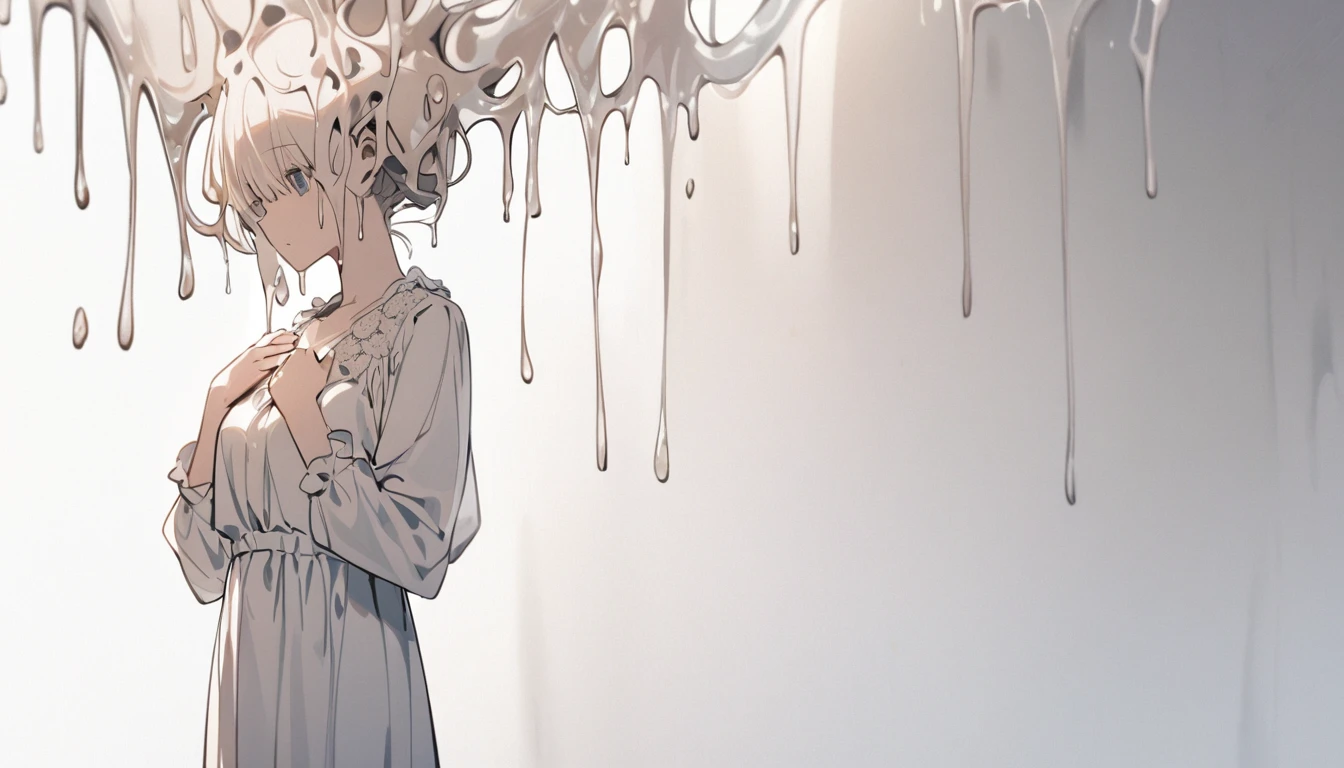 A woman with a liquid upper body、 My head is melting, Liquid Head, alone,stop temporarily, whole body, blouse,Pure white room、Place your hands on your chest、Hold the mobile、There's a knife stuck in my chest、There is a book embedded in his right shoulder.