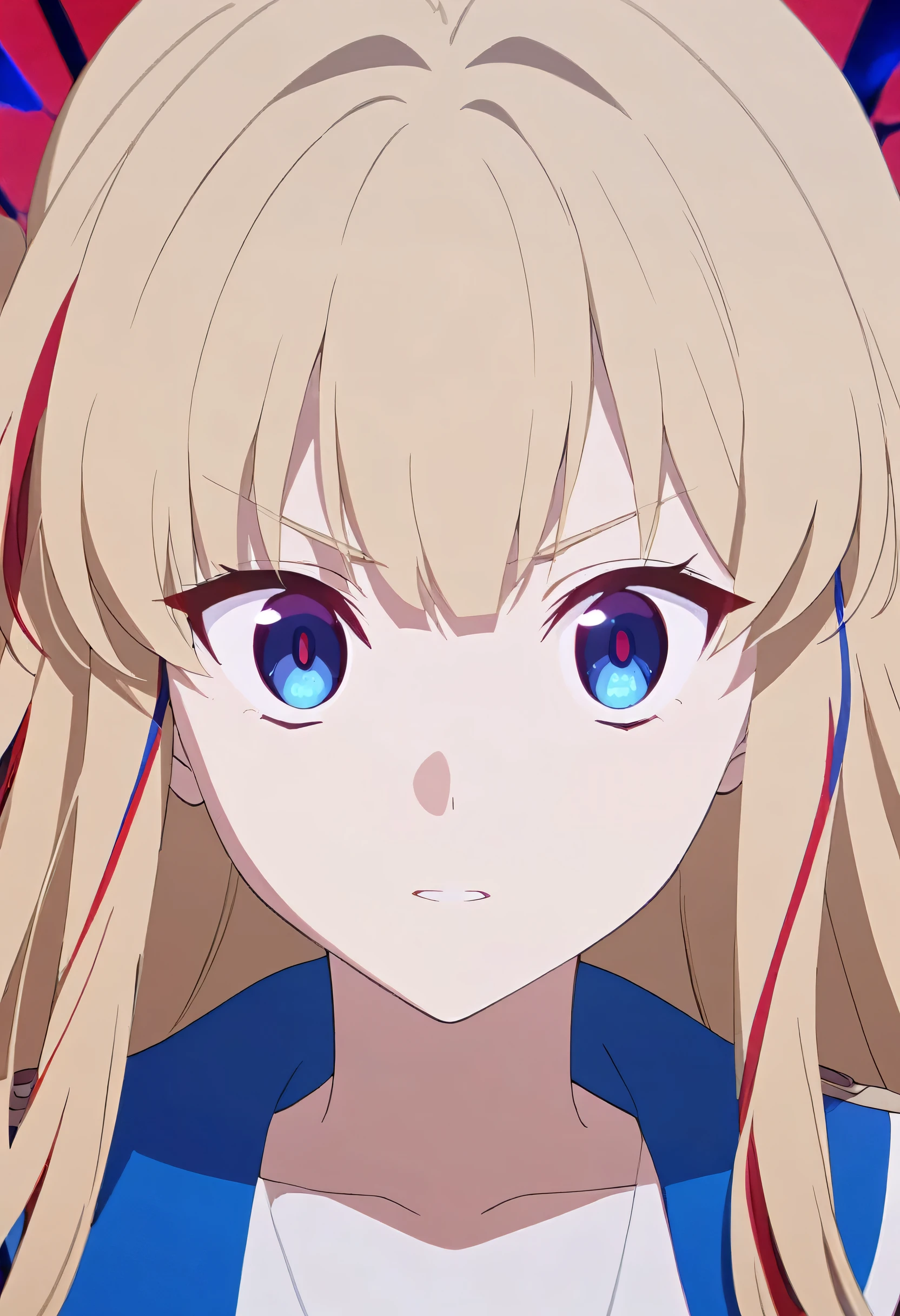 girl, anime, long hair with red and blue lines, pretty eyes, Blonde