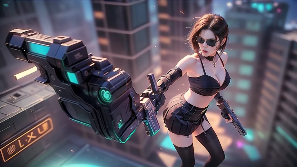 (aerial view). at night, futuristic sci-fi cyberpunk city, broad viaduct, skyscrapers at the end of the viaduct, the movie "13th Floor" style, hq. Matrix style, at night, (1girl, solo), photo realistic, (large-breast:1.2 slim body, cleavage:1.3), (((tube top, extreamly short pleated (((miniskirt))) exposing panty))), (((((matrix style black sunglasses))))), (((((aiming at camera with a (pistol)))))), (((half-body (thigh level) medium shot))), (cinematic lighting).