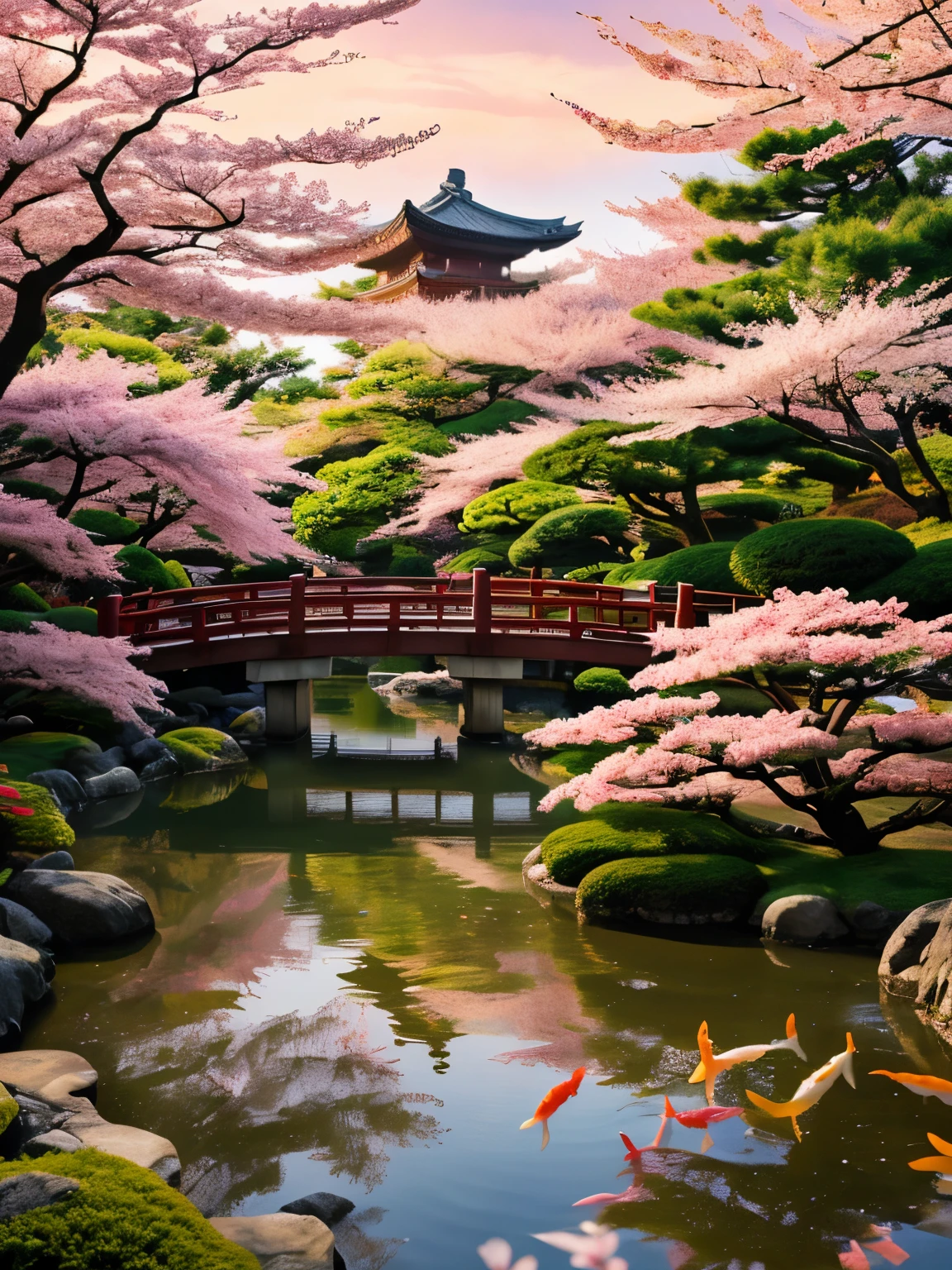 (digital painting),(best quality), serene Japanese garden, cherry blossoms in full bloom, koi pond, footbridge, pagoda, Ukiyo-e art style, Hokusai inspiration, Deviant Art popular, 8k ultra-realistic, pastel color scheme, soft lighting, golden hour, tranquil atmosphere, landscape orientation
