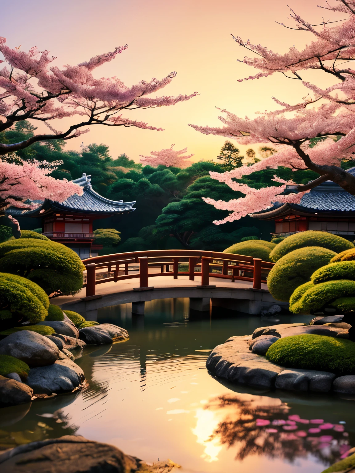 (digital painting),(best quality), serene Japanese garden, cherry blossoms in full bloom, koi pond, footbridge, pagoda, Ukiyo-e art style, Hokusai inspiration, Deviant Art popular, 8k ultra-realistic, pastel color scheme, soft lighting, golden hour, tranquil atmosphere, landscape orientation