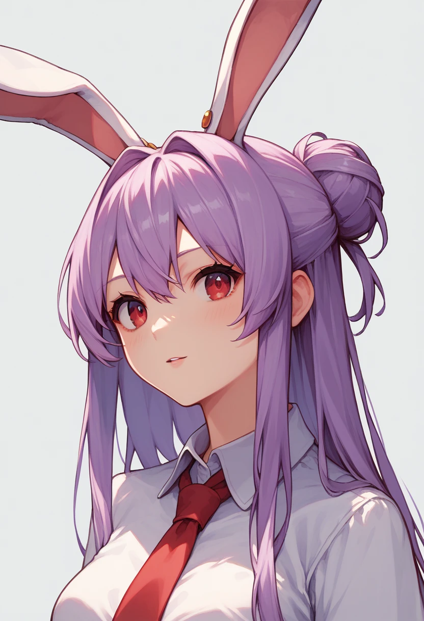 score_9, score_8_up, score_8, score_9, 1 girl,  source_anime,  reisen udongein inaba, purple hair, red eyes, rabbit ears, rabbit girl, long hair, portrait, white shirt, red necktie, bun hairstyle