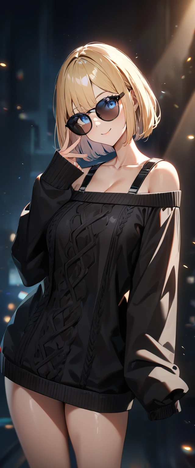 (((One girl))), blond hair, ((sunglasses, hand to sunglasses)), ((one hand on hip)), (bob cut:1.3)), breasts, cleavage, (cowboy shot), standard body, (looking at viewer), oversized clothes, puffy long sleeves, collarbone, ((off-shoulder sweater dress:1.3, Quite thick shoulder straps)), (((sleeves past wrists:1.3))), ((black sweater)), ((aran sweater)), teenager, head tilt:1.3, (((blue eye))), ((happy smile)), (((anime style))), (best quality, 4k, 8k, highres, masterpiece:1.2, ultra-detailed, ultra-detailed eyes, HDR, UHD, studio lighting, ultra-fine painting, sharp focus, physically-based rendering, extreme detail description, professional, vivid colors, bokeh), ((Highest quality, Best image quality, Ultra-high resolution, Ultra-high resolution, solo, Strong eye highlights)), Depth of written boundary, Natural soft light, attractive, Beautiful Face, Cleanliness, Pure Face, nedium chest, Beautiful Face, Perfect Fingers, Perfect hands, Perfect body, Perfect Face, Shine a light into your eyes, Perfect Anatomy