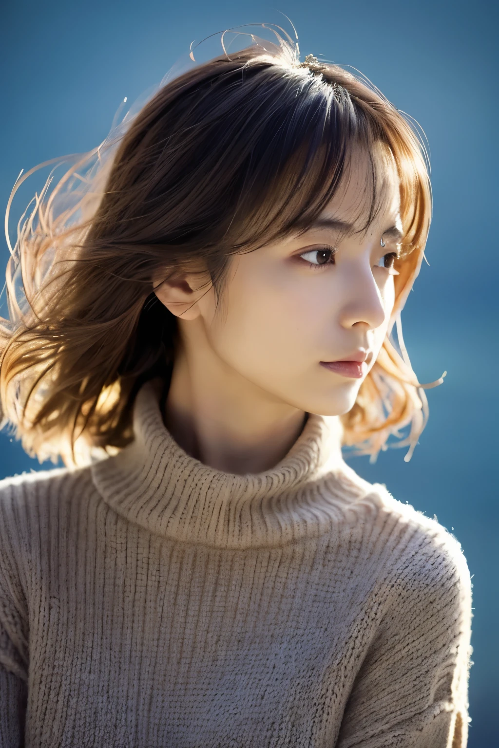 (knitwear), (top-quality, masterpiece:1.3, Super high resolution), (Photorealsitic:1.4, RAW shooting), Ultra-realistic capture, A highly detailed, high-definition 16K for human skin, Wistful, A skinny Japanese woman, 30 years old, cute face, ((Sadness face)), detailed face, detailed eyes, ((correct anatomy)), A dark-haired, Middle hair, ((Background of the sea in a starry night)), (((looking up afar at starry sky))), hair blowing in the wind
