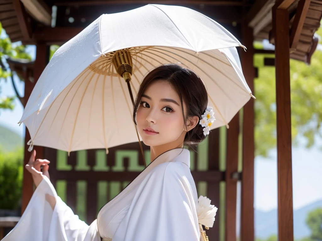 Fox-faced beauty、She is wearing a white kimono and has an elegant appearance.、The background is a fantastic shrine、8K、Amazing beauties