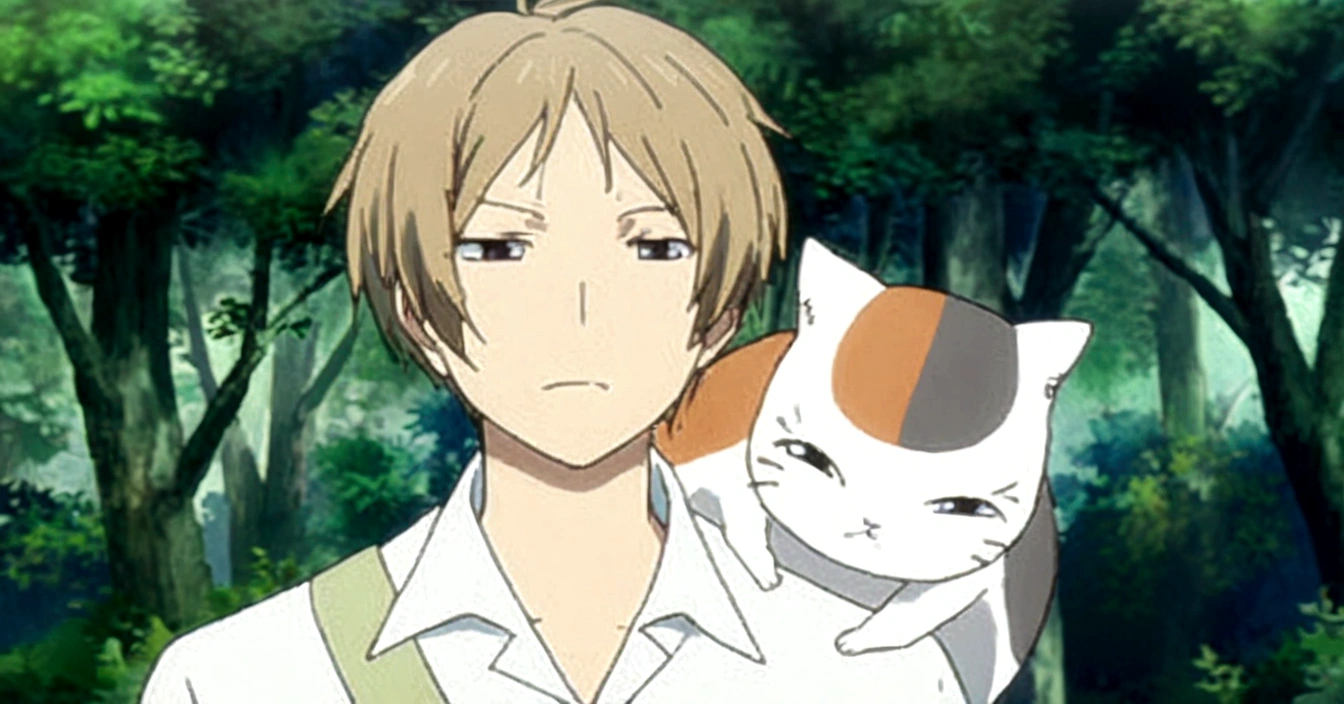 anime image of a man holding a cat in a forest, Natsume Yuujinchou, Nothing, anime look of a cute cat, toru furuya, anime still, nichijou, anime cat, in the anime film, also, shuushuu anime image, ginko showing a new mushi, still from the anime