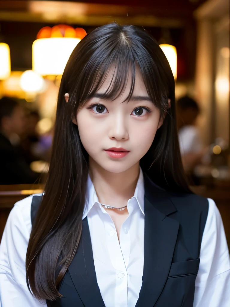 (Best-quality, Masterpiece, Ultra-High-Resolution, (Photorealistic:1.4), Raw Photo, depth of field, professional lighting, perfect anatomy, extremely details), 1girl, 15-years-old, the most famous Japanese idol, ((extremely cute face like the most popular Japanese idol, ((extremely cute and extremely big eyes)), extremely beautiful hair, extremely beautiful skins), extremely cute long-eyelashes, extremely cute lips), (((completely drunk))),
(relaxing in authentic-bar),
((wearing black-formal-business-suit))