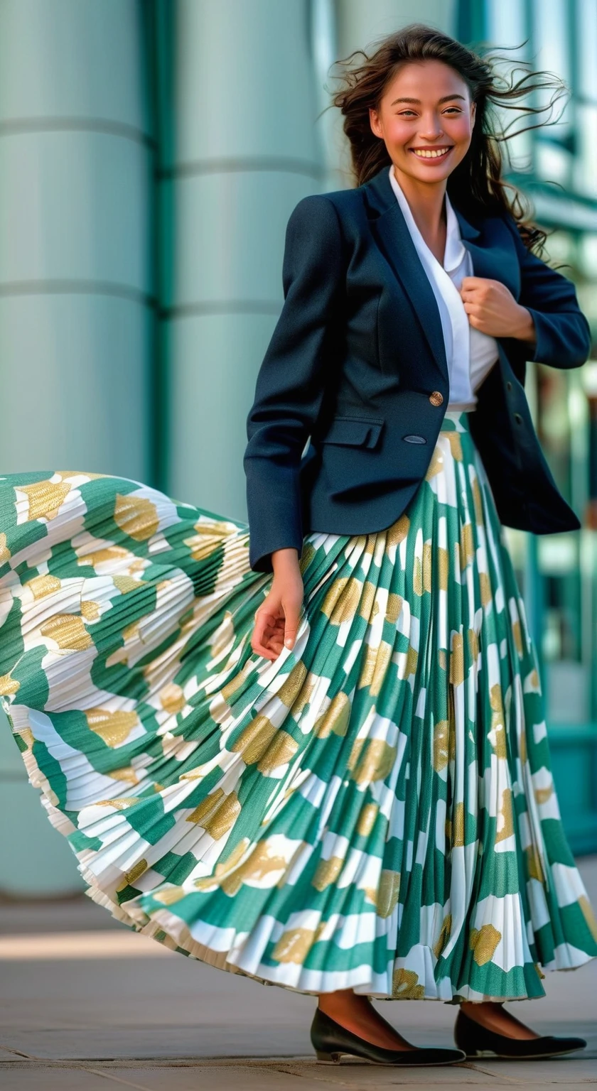 A smiling, authentic, (shy:1,3), kind, beautiful woman, is passionately in love with her skirt, wind wildly lifts her skirt, wearing uniform jacket and very, very detailed (long (fully pleated) full circle skirt) and (low heeled court shoes), very, very intricate hyper-detailed symmetric (attractive graceful young feminine face) with (sad, tired eyes and a loving smile), very voluptuous breasts, full of empathy and compassion and love, (pronounced (feminine) features), (highly detailed ultra accurate realistic) hands and fingers, (windy), epic composition, highly detailed attributes, (35mm f1.4 Kodak portra 400 photograph), extremely high quality RAW photograph, highly detailed atmosphere, sci-fi, cinematic shot, dynamic lighting, 75mm, Technicolor, Panavision, cinemascope, sharp focus, fine details, 8k, HDR, realism, realistic, key visual, film still, superb cinematic color grading, depth of field