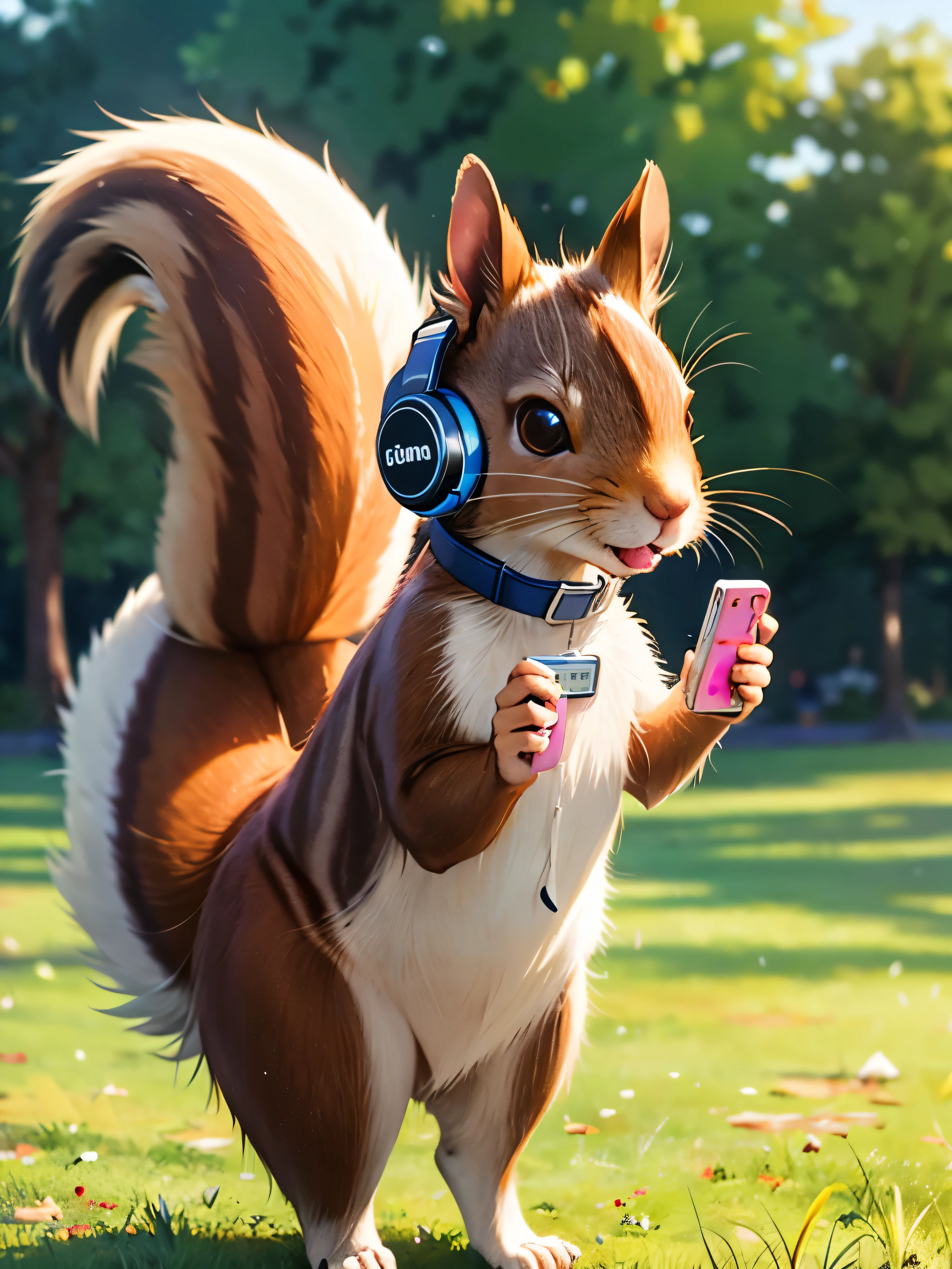 A squirrel is wearing headphones and listening to music, Walkman,
