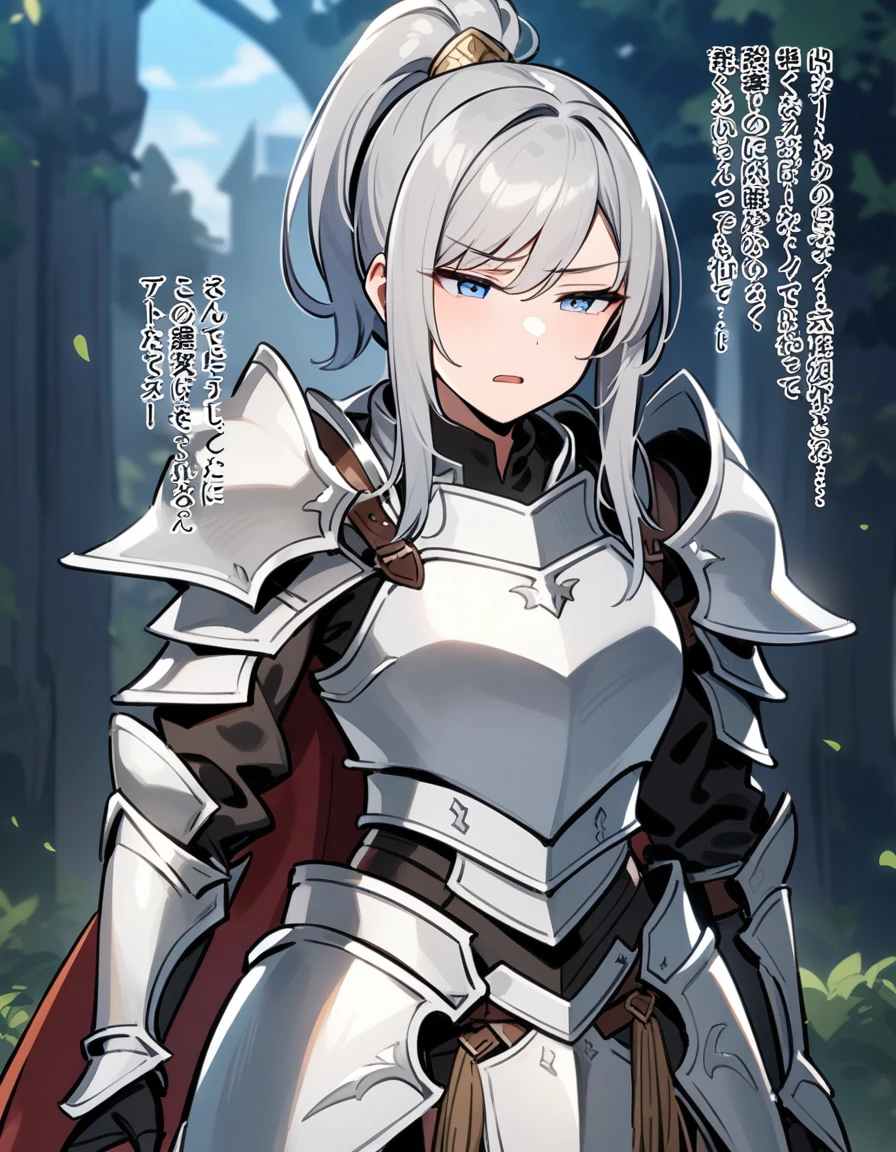 Beautiful girl knight in armor, Gray Hair, tsurime, fantastic, Face your body forward like a certificate photo, shoot from front, Ponytail, Armor Girl, beautiful female knight, Female Paladin, pale blue eyes, narrowed eyes squint, Talking mouth