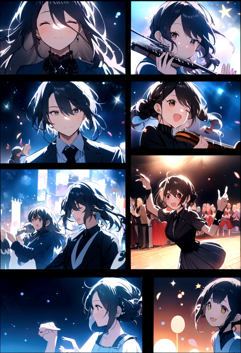 On a summer night，People gather in outdoor concert venueoving music was played on stage，The notes flutter in the wind。Professional paintings capture the expressions and gestures of the musicians，At the same time, it shows the emotional communication between the music and the audience。Twinkle stars in the night sky，Adding a touch of mystery to the concert。