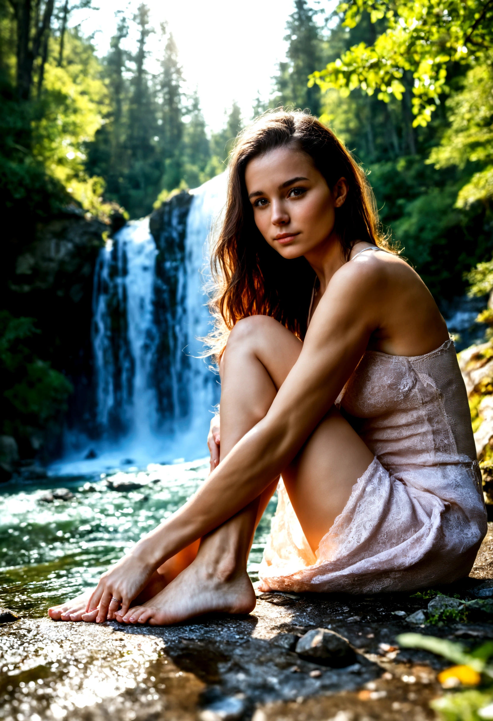 beautiful teenage girl, solo, feet focus, barefoot soles, barefoot toes, show off leg, show off toes, zPDXLxxx,  expressiveh, sunny day, nature (waterfall and forest,), score_9, score_8_up, score_7_up, masterpiece, source_photo, (realistic:1.4), Masterpiece, Hires, Photorealistic, Photogenic, super detailed, beautiful lighting,