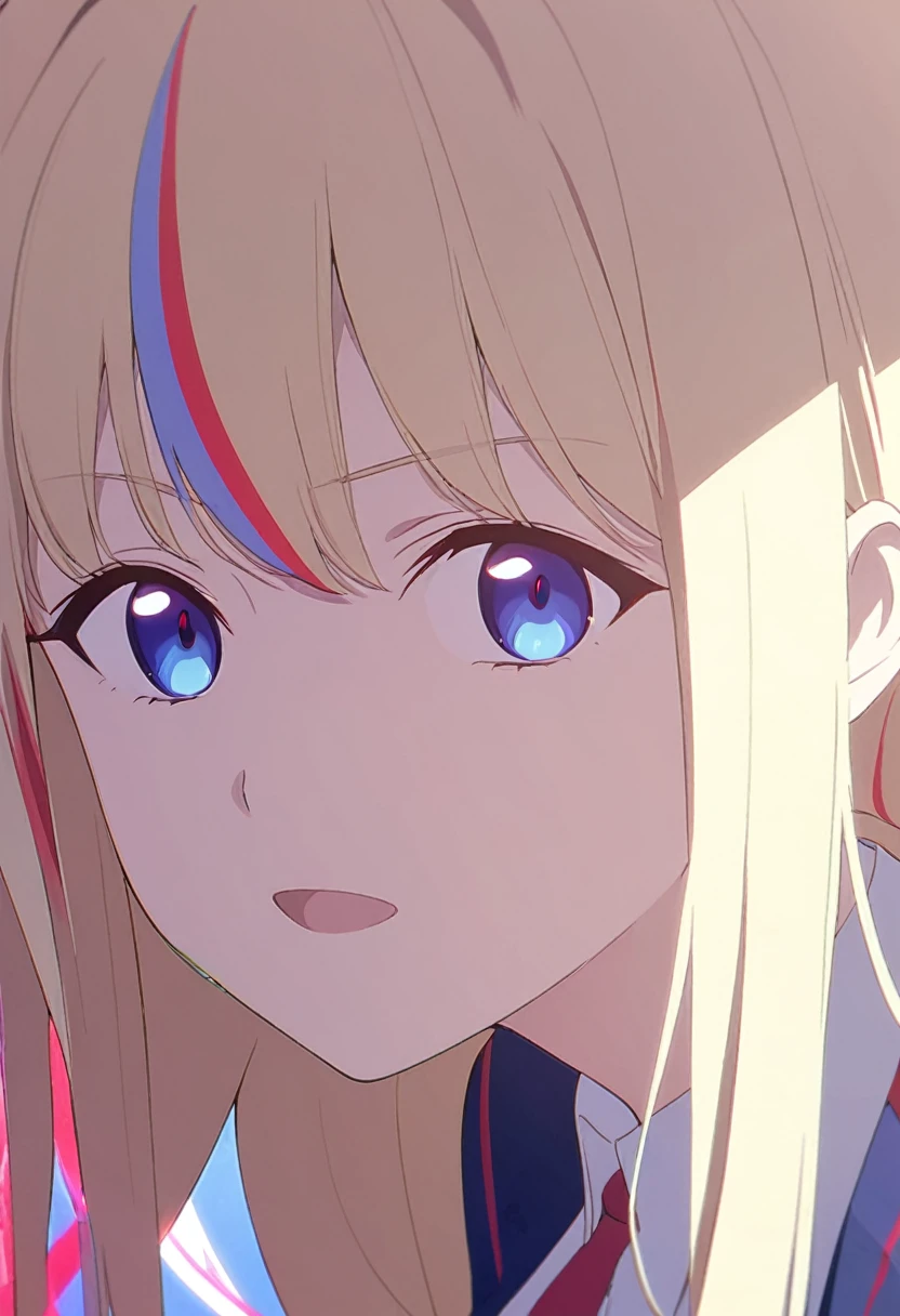 girl, anime, long hair with red and blue lines, pretty eyes, Blonde
