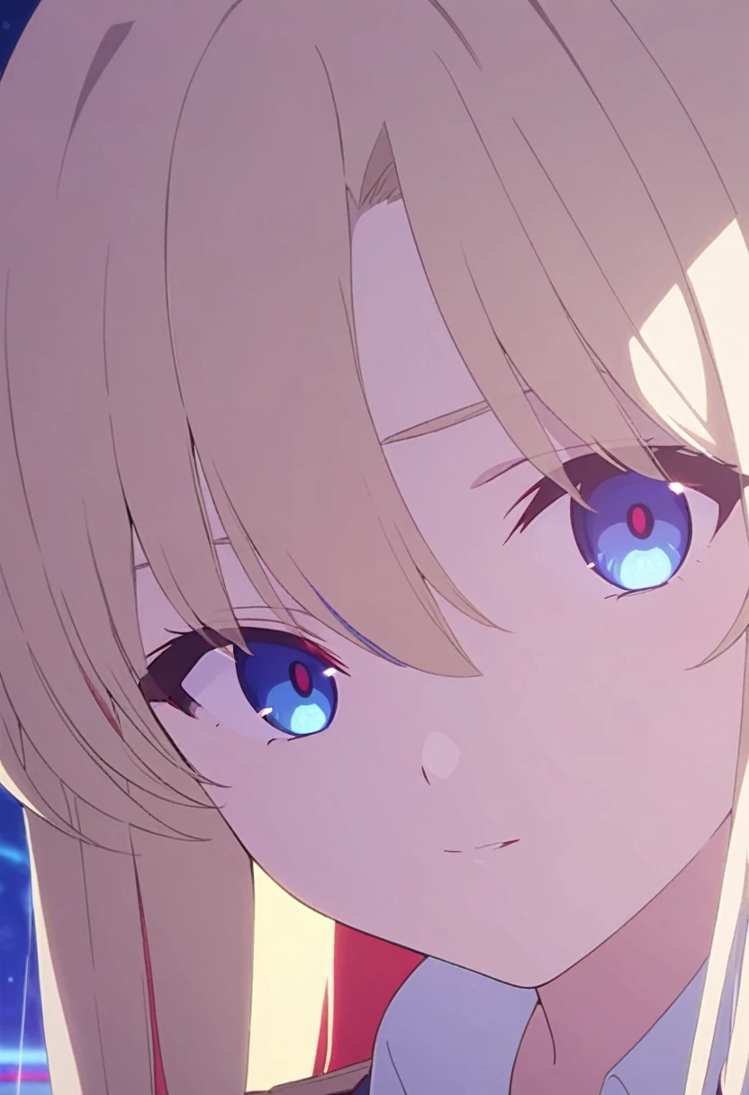 girl, anime, long hair with red and blue lines, pretty eyes, Blonde