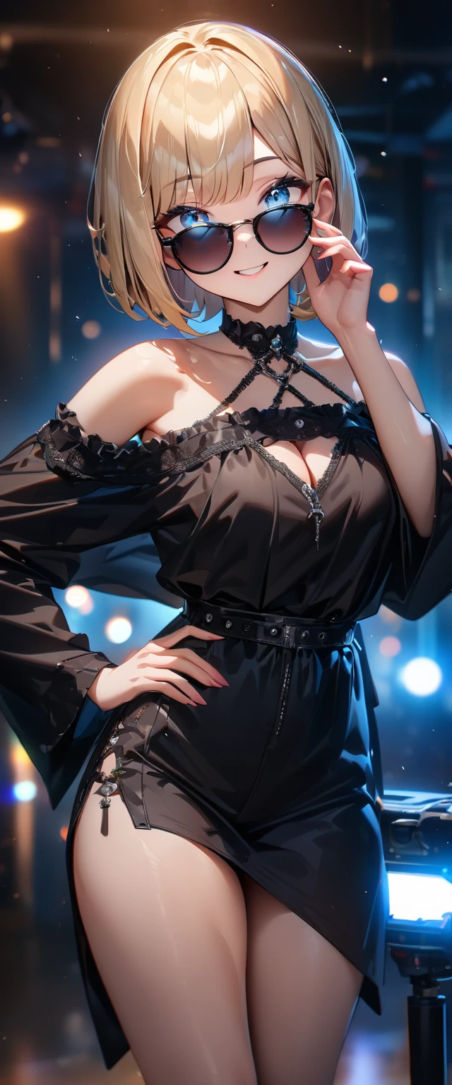 (((One girl))), blond hair, ((sunglasses, hand to sunglasses)), ((one hand on hip)), (bob cut:1.3)), breasts, cleavage, (cowboy shot), standard body, (looking at viewer), oversized clothes, collarbone, ((Gothic fashion:1.3, off-shoulder, dress)), black cloth, teenager, head tilt:1.3, (((blue eye))), ((happy smile)), (((anime style))), (best quality, 4k, 8k, highres, masterpiece:1.2, ultra-detailed, ultra-detailed eyes, HDR, UHD, studio lighting, ultra-fine painting, sharp focus, physically-based rendering, extreme detail description, professional, vivid colors, bokeh), ((Highest quality, Best image quality, Ultra-high resolution, Ultra-high resolution, solo, Strong eye highlights)), Depth of written boundary, Natural soft light, attractive, Beautiful Face, Cleanliness, Pure Face, nedium chest, Beautiful Face, Perfect Fingers, Perfect hands, Perfect body, Perfect Face, Shine a light into your eyes, Perfect Anatomy