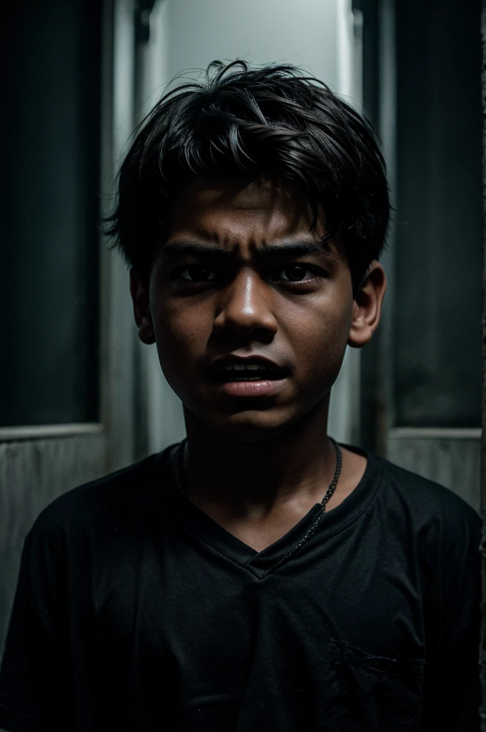 One boy Stand in Dark night and Scary Face