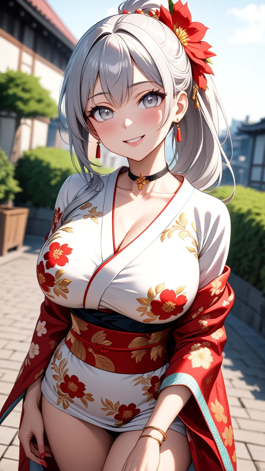 ((one personの女性)), Beautiful Face,Laugh shyly,((Wink:1.7)),Laughing with your mouth open,turn bright red,Glossy pink lips,night,Shrine festival stalls,((Anime style background)),masterpiece, highest quality, so beautiful, up to date, Complex details, (Pink long nails),AI-generated, Complex,High resolution, highest quality, super high quality,3D Images、View your audience、3D Images,one person,Long white hair,High Ponytail,blue eyes,Anime woman posing for a photo, [[Fine grain、Colorful eyes、Shining Eyes:1.15]],(Squint your eyes:1.1),a hyperRealistic , hyperRealistic , Realistic,Long haired white haired anime woman, Smooth anime CG art, A woman in a colorful kimono with gold embroidery, (Black kimono),Red floral pattern,Long flower hair ornament,Big earrings,(Big Breasts:1.1),Mature Body,tall,Big Ass,Fine details,Tight waist,Abdominal muscles,(Face close-up:1.5),Tilt your face,Shooting from an angle,