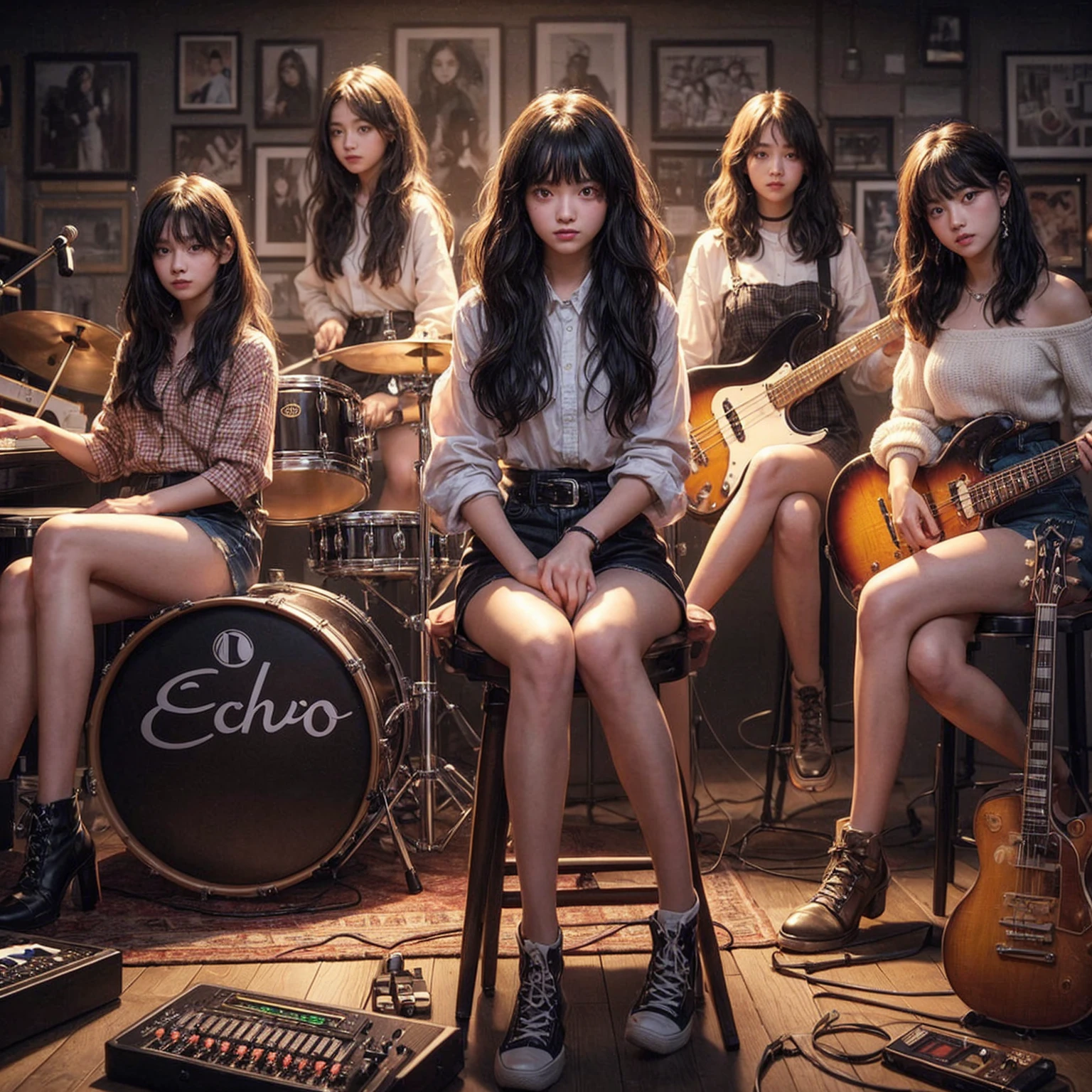 **Photo of 5 beautiful girls, aged 18 to 20, sitting:**
- **3 girls with messy black hair**
- **1 girl with wavy bob black hair**
- **1 girl with a black ponytail**
One girl is playing the drums, one girl is playing the piano, one girl is playing the bass guitar, one girl is playing the guitar, and one girl is singing. They are sitting behind a board with the word "ECHO" written on it. The background is a music studio, complete with drums, guitars, bass guitar, and piano. The image is ultra HD, 4k, photorealistic, raw, and a masterpiece.