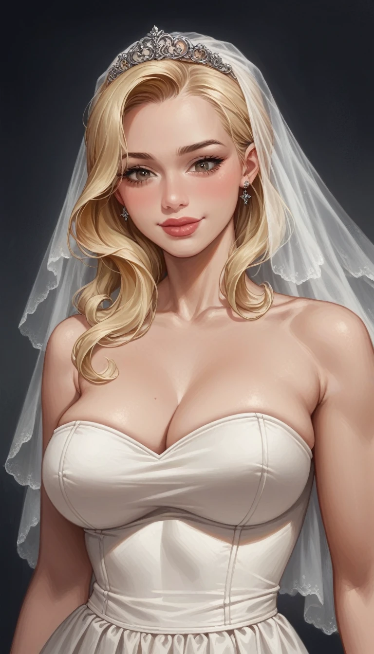 woman looking down (very muscular large breasts)(close up of a beautiful blonde bride lower angle )hyperrealistic art cinematic film still lower angle photography in the style of detailed hyperrealism photoshoot . () Extremely high-resolution details, photographic, realism pushed to extreme, fine texture, incredibly, wide smile big lips
