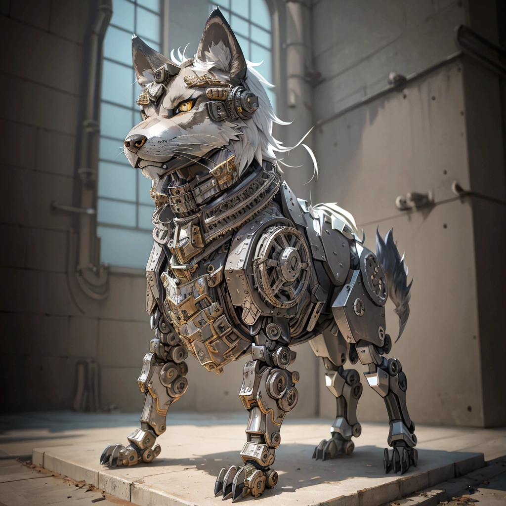 The building has a metal wolf statue on its base., Armored Catの仲間, husky in shiny armor, Armored Cat, Steampunk Wolf Cyborg Wolf, rendered in redshift, Steampunk ferret - a shaped mecha, Robot Lion, Industrial Machine Robot Wolf, Highly detailed rendering, Good Giant Mechanical Wolf, Detailed and complex rendering, Expressed in 3D rendering、Right facing、