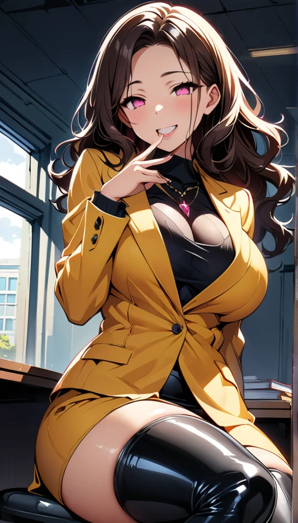 (highest quality:1.2,evil lady,cg, Very detailed, High Detail, digital coloring, High Contrast, masterpiece:1.2,suits, highest quality, Best aesthetics), 8k,masterpiece, cute,tall,beautiful,best quality, 1lady,brown hair,long hair,wavy hair,empty eyes, (finely detailed glowing eyes and detailed face),,,,extremely detailed cg unity 8k wallpaper,solo,(latex military costume:0.9),large breasts,seductive smile,,latex thighhigh,large breasts,black hair,pink eyes,no jacket,formal shirts,thighhigh,,enamel suits,grossy lips,sitting,tight skirt,sadistic smile,,heel,shiny skin,tight skirt,detailed face,beautiful body,,adult,,show me breasts,sadistic,seductive smile,business suits,latex,no tie,bust shot,((Blowjob Gestures:1.5)),open mouth,necklace,office room,from below